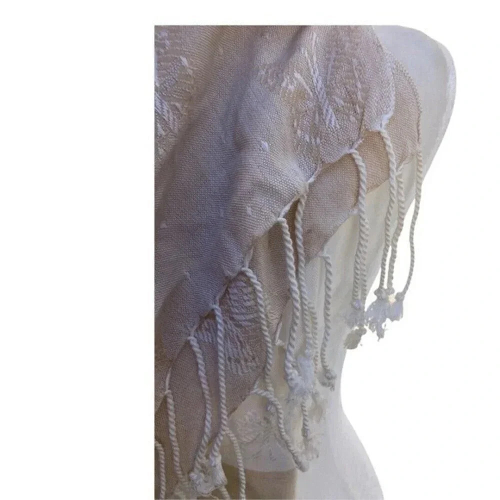 Textured Scarf Fringed Shawl Butterfly‎ Design Neutral Cream 70 x 36 inch​​ - Picture 5 of 6